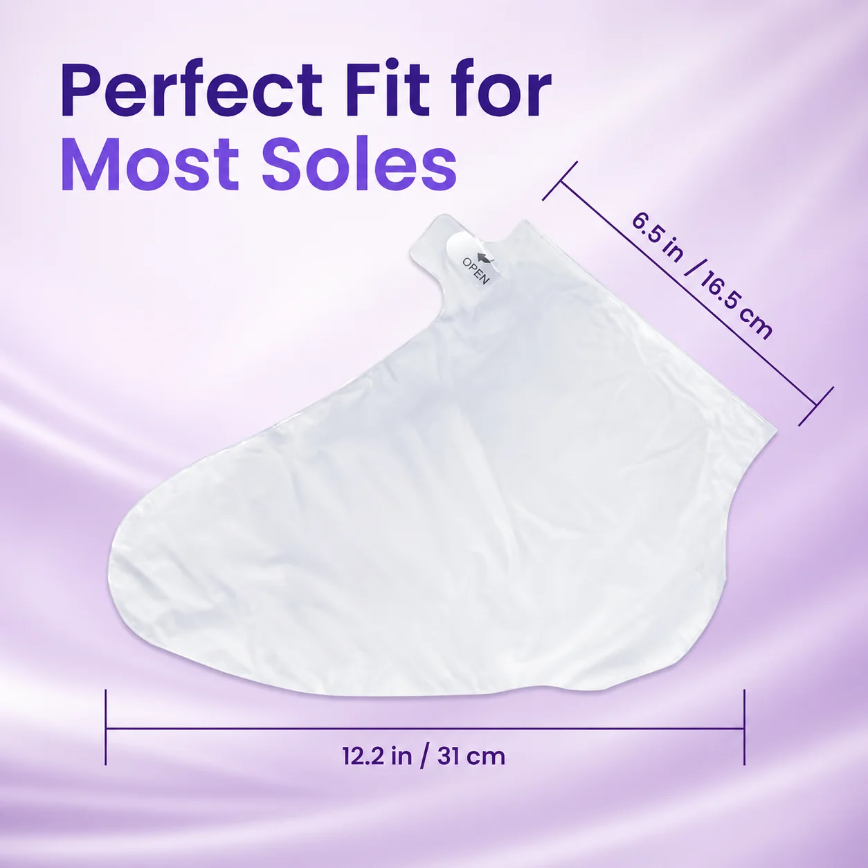 White shoe cover displayed on a purple background with dimensions labeled as 6.5 in / 16.5 cm by 12.2 in / 31 cm.